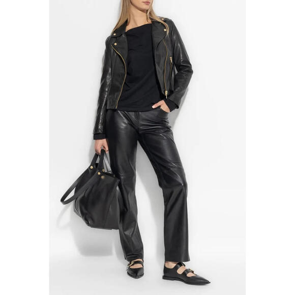 AllSaints Dalby Slim Fit Leather Biker Jacket Black/Gold - Picture 8 of 13